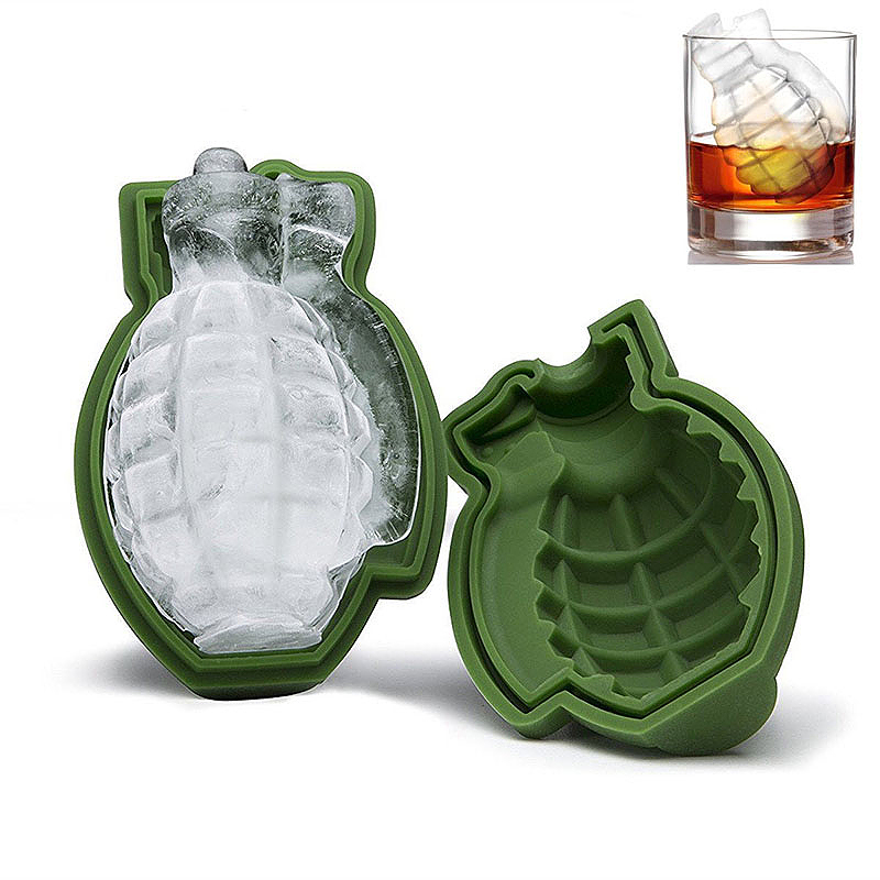 Grenade-shaped ice mould shown with shaped ice in a drink