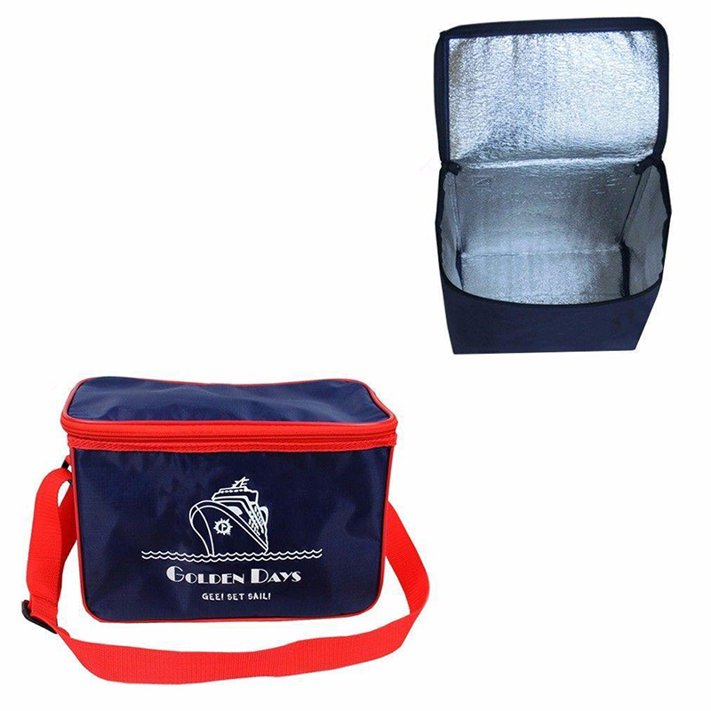 Navy and red cooler lunch bag shown open with reflective insulated lining